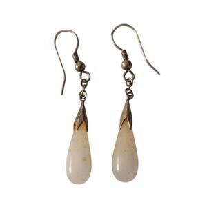 Natural White Jadeite Jade Teardrop Dangle Earrings Stainless Steel